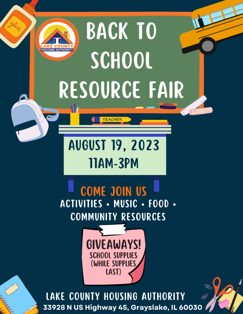 Chalkboard says Back to School Resource Fair, backpack, school bus