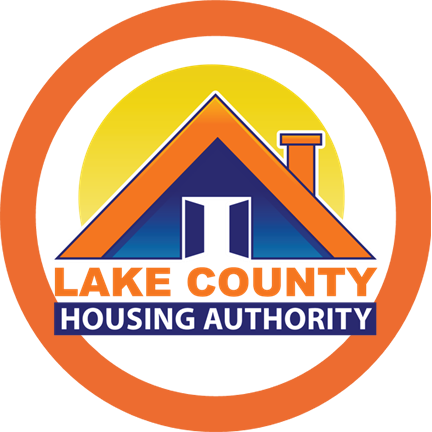 Circle logo with sun and home roof and chimney Lake County Housing Authority